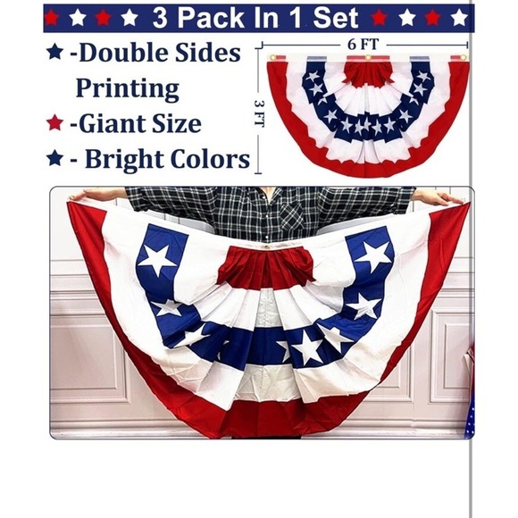Outdoor Pleated Fan Flag, 3 Pcs 4th of July USA Flag 3x6 Outdoor extra large - Picture 2 of 6